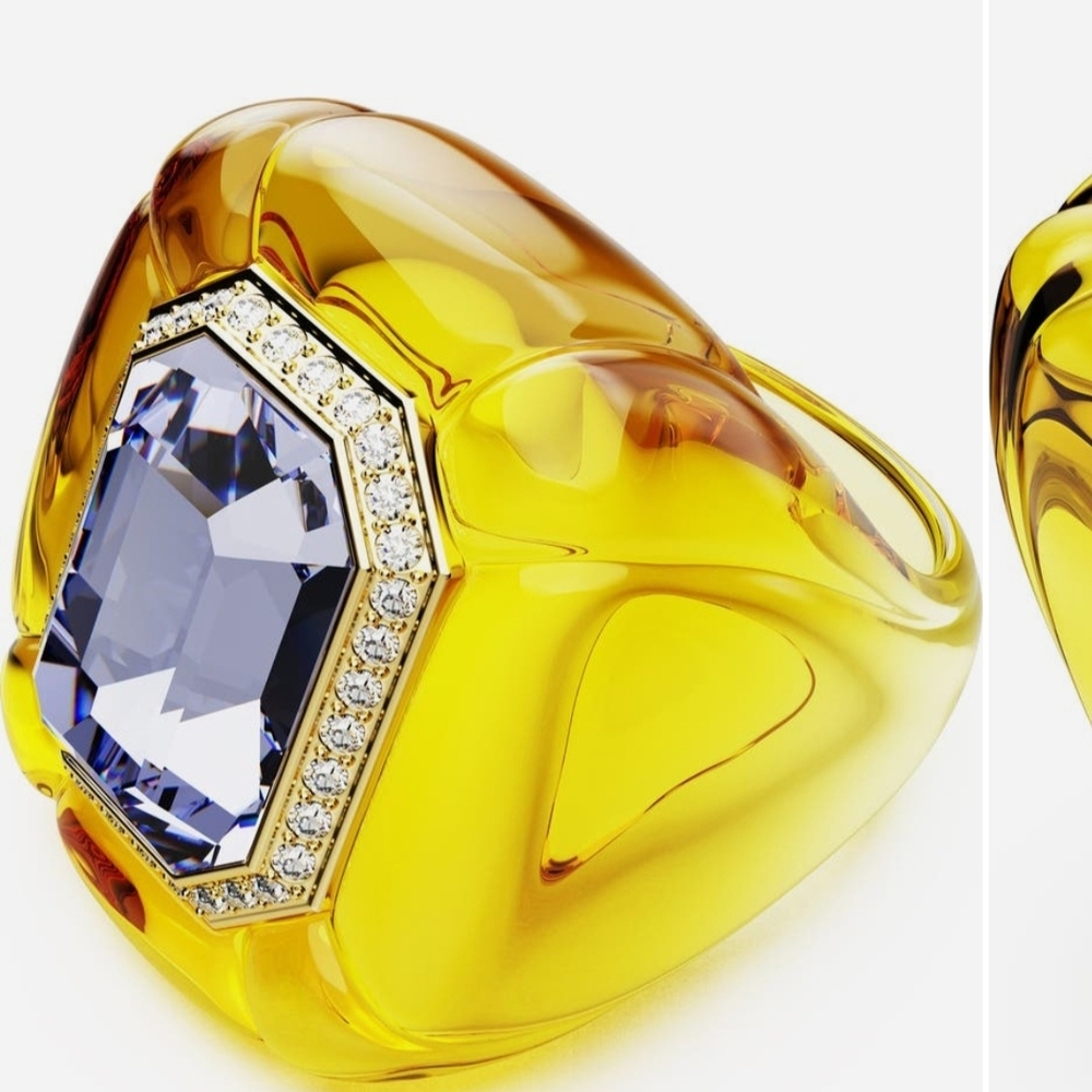 Swarovski Yellow Resin Ring with Blue Center Crystal and Clear Pavé